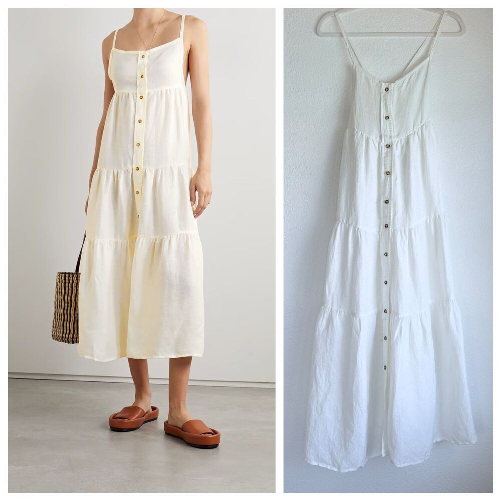NWT Anemos The Flounce Tiered Linen and Cupro-Blend Midi Dress in White Size S